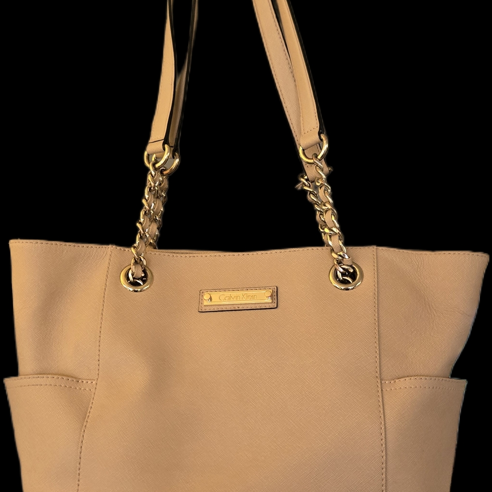 Calvin Klein Beige Tote Bag with Chain-Detail Straps